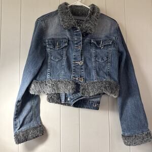 WOMEN'S MISSES AMERICAN BLUES CROP JEAN DENIM JACKET SHERPA Large, Jeans 11 V5